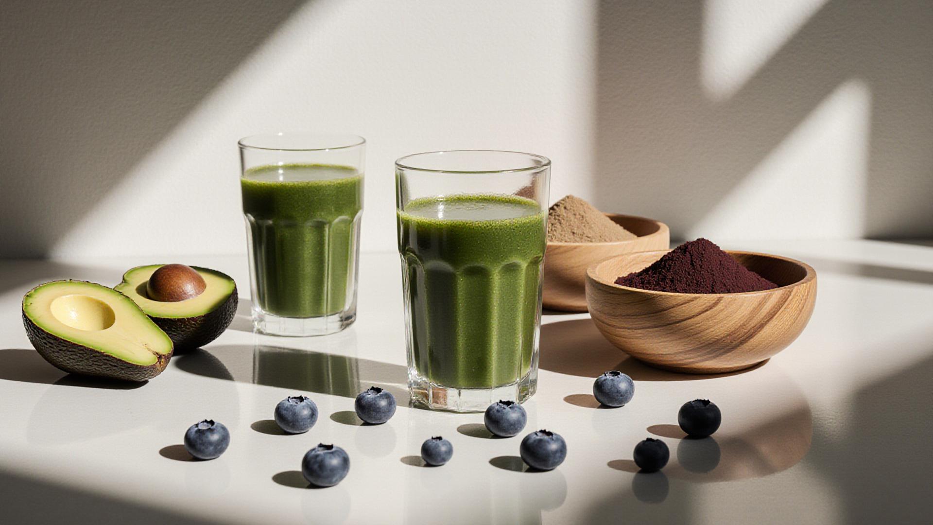 Vibrant organic superfoods and green powders on a clean kitchen surface