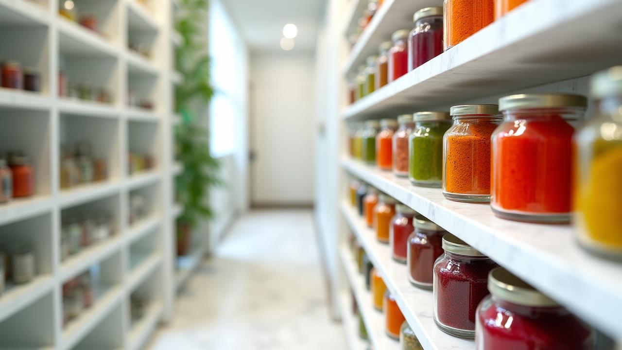 Artisanal jars of superfoods and organic grains on a clean laboratory-style shelf