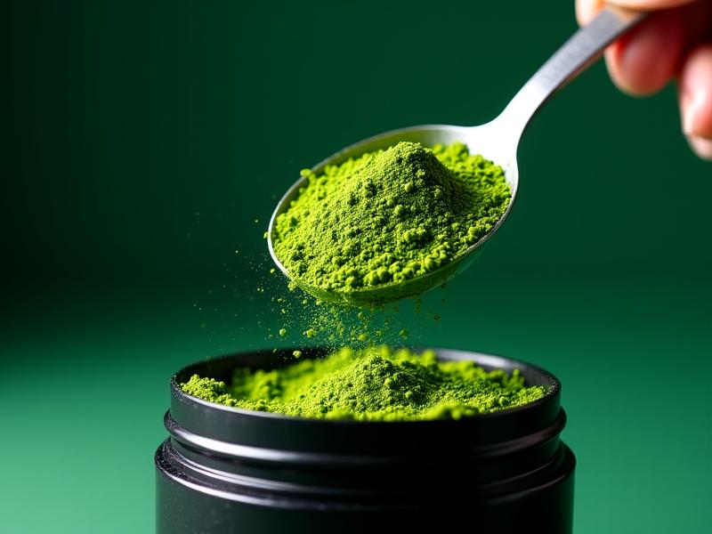 Vibrant organic green superfood powder mix being scooped