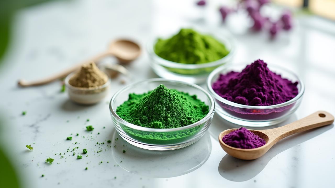 Artistic overhead shot of vibrant green and purple superfood powders arranged in scientific glass vials